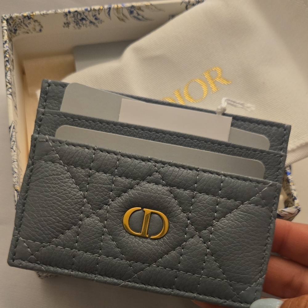 Dior Quilted Gray Card Holder with Gold Accent